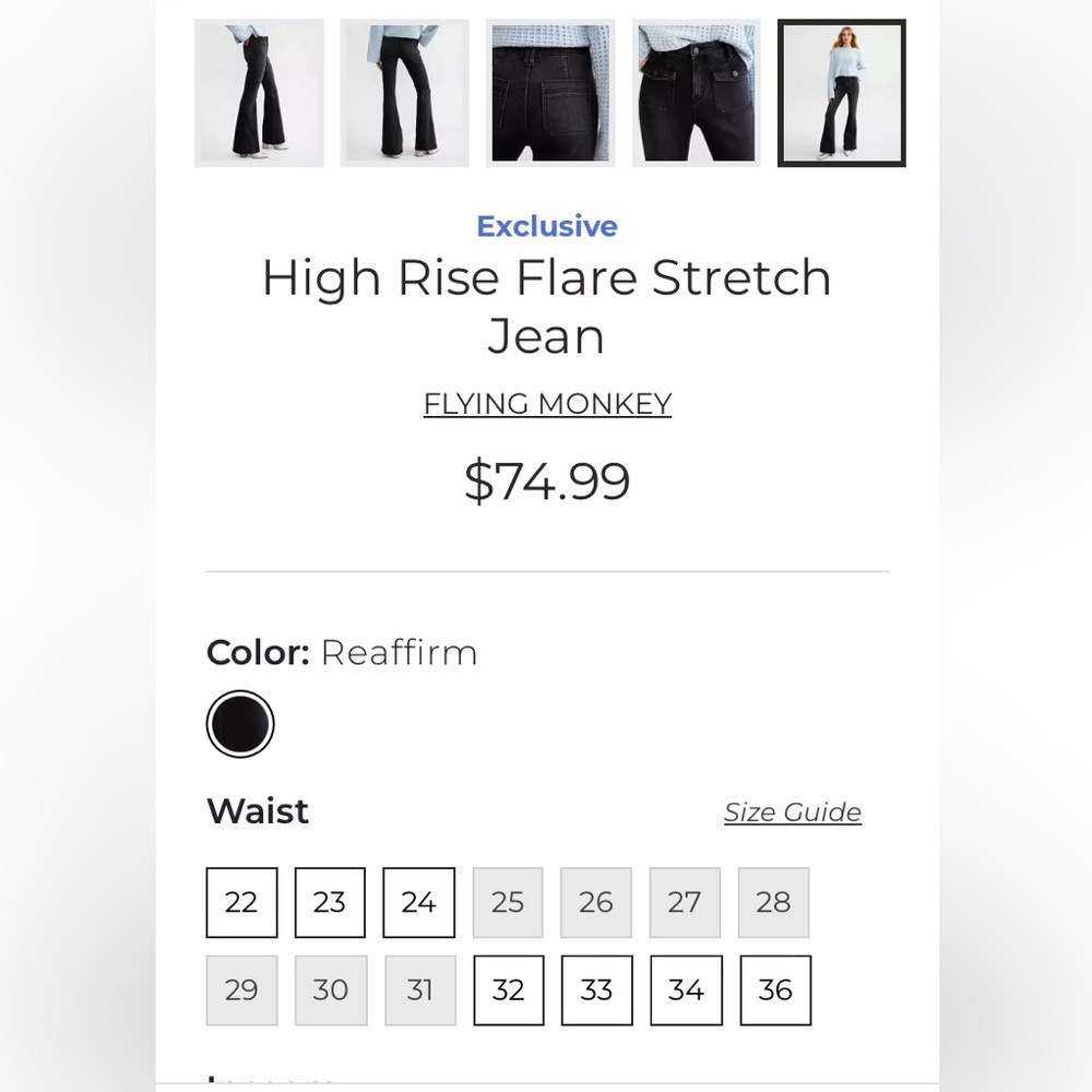 NWT Flying Monkey Black High Rise Flare Stretch Jean SZ 30 Patch Pockets Retro - Picture 11 of 13